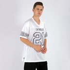 Product details model of Custom White Silver-Black Mesh Football Jersey showing stitched logos, fabric and customization options By Athletrio