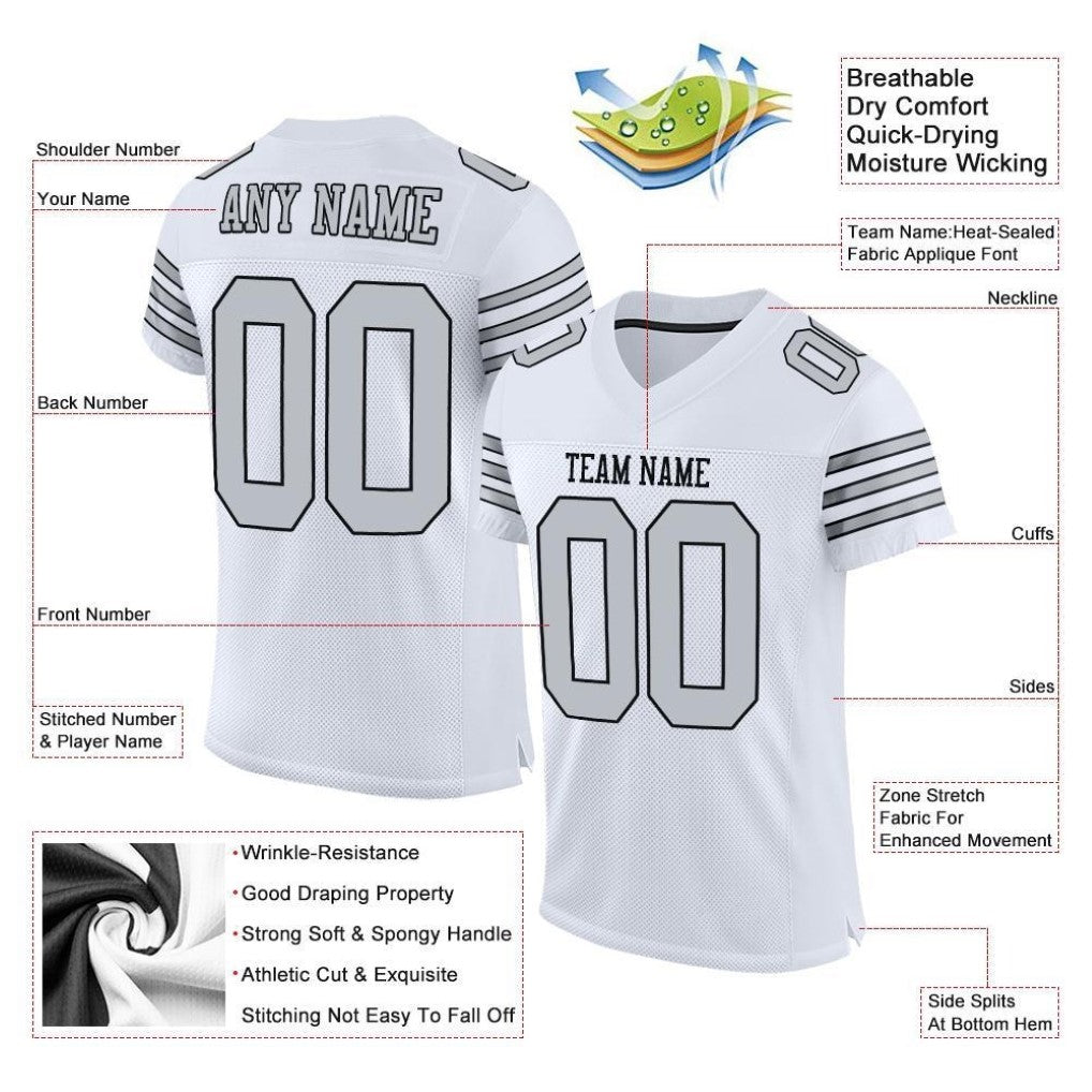 Product details of Custom White Silver-Black Mesh Football Jersey showing stitched logos, fabric and customization options By Athletrio