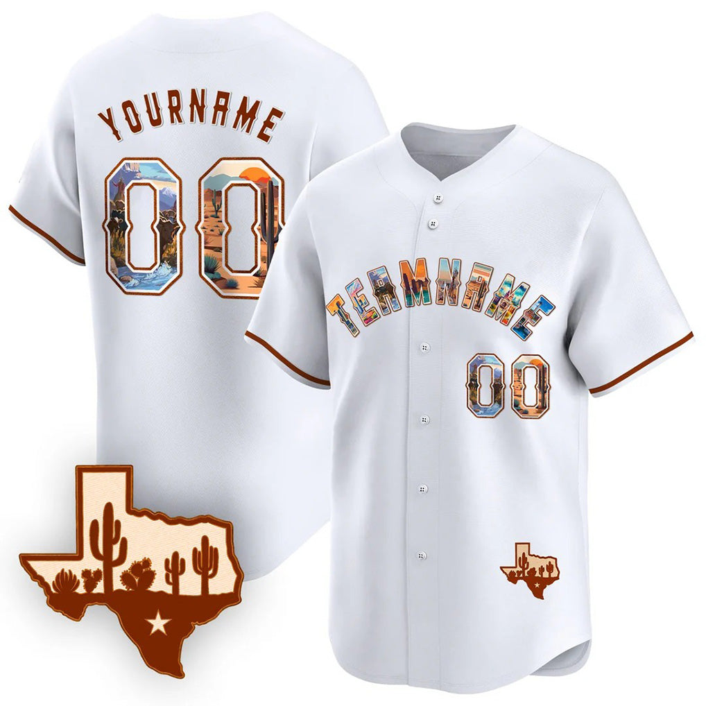 Angled view of Custom White Texas Art Baseball Jersey – Designed By Athletrio