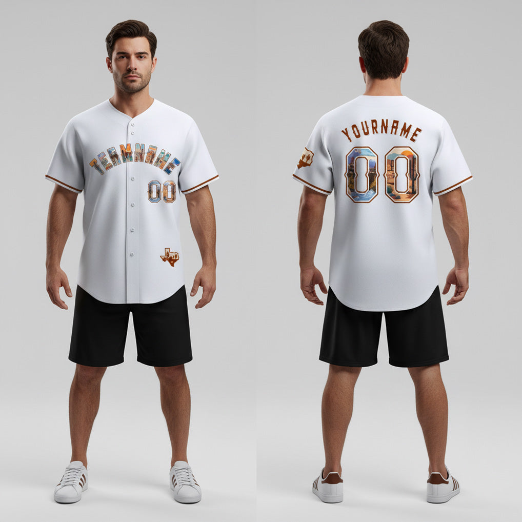 Front and back view of Custom White Texas Art Baseball Jersey with Personalized Name and Number – Athletrio