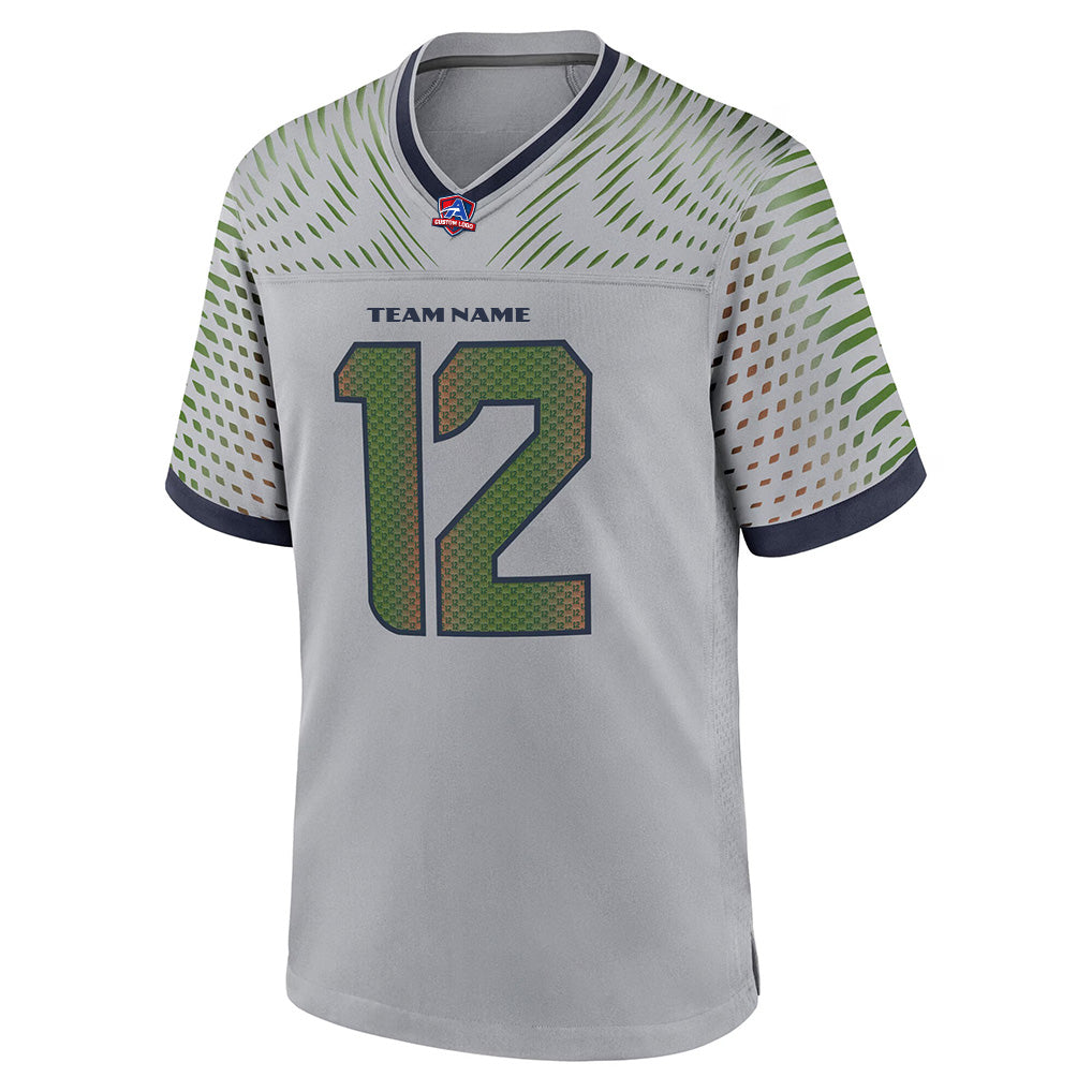 Close-up detail of Custom Wolf Gray Football Jersey Neckline Made By Athletrio