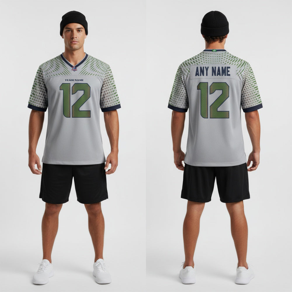 Front and back view of Custom Wolf Gray Football Jersey with Personalized Name and Number – Athletrio
