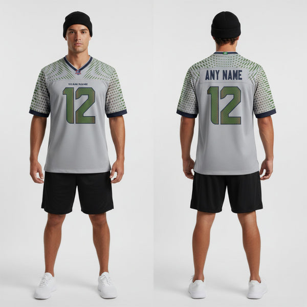 Front and back view of Custom Wolf Gray Football Jersey with Personalized Name and Number – Athletrio
