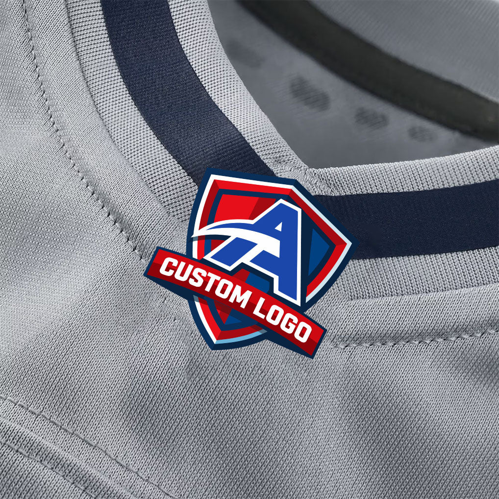 Product details neck of Custom Wolf Gray Football Jersey showing stitched logos, fabric and customization options By Athletrio