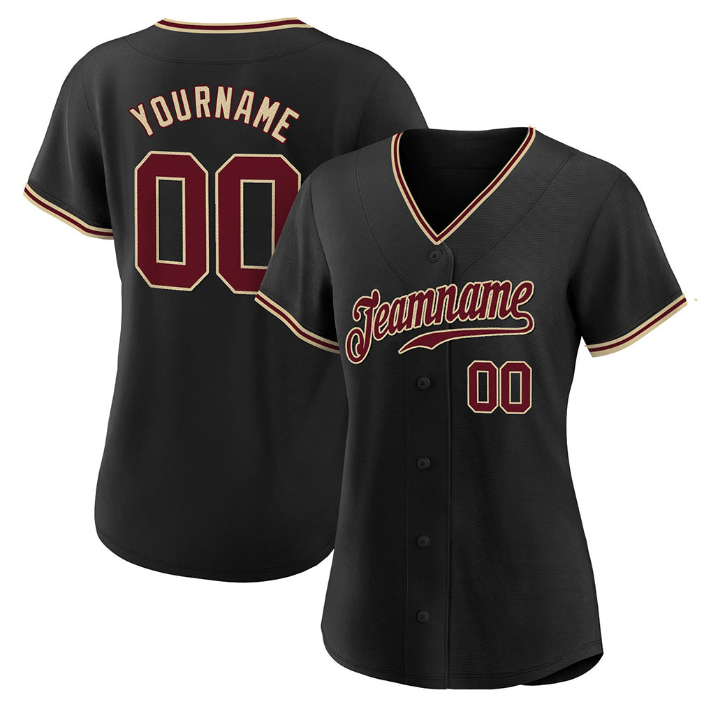 Angled view of women Custom Black Crimson-Cream Baseball Jersey – Premium Stitch Style By Athletrio