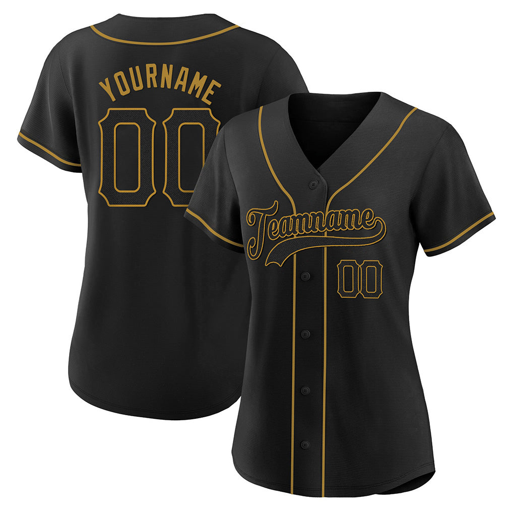 Angled view of women Custom Black Gold Baseball Jersey – Premium Stitch Style By Athletrio
