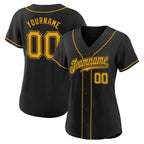 Angled view of women Custom Black Gold Baseball Jersey – Premium Stitch Style By Athletrio