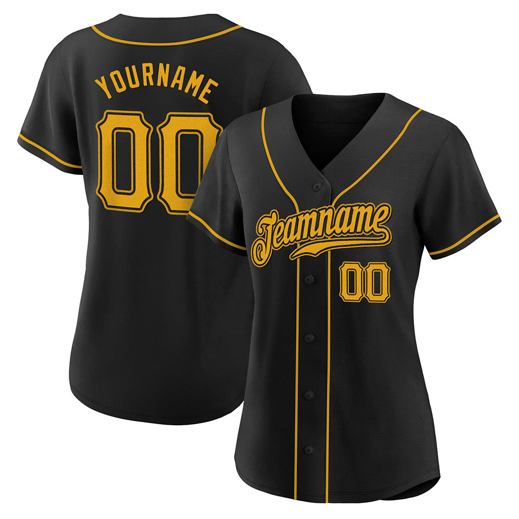 Angled view of women Custom Black Gold Baseball Jersey – Premium Stitch Style By Athletrio