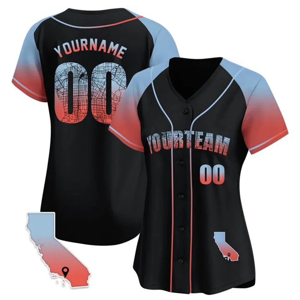 Angled view of women Custom Black Los Angeles Map Baseball Jersey – Premium Stitch Style By Athletrio