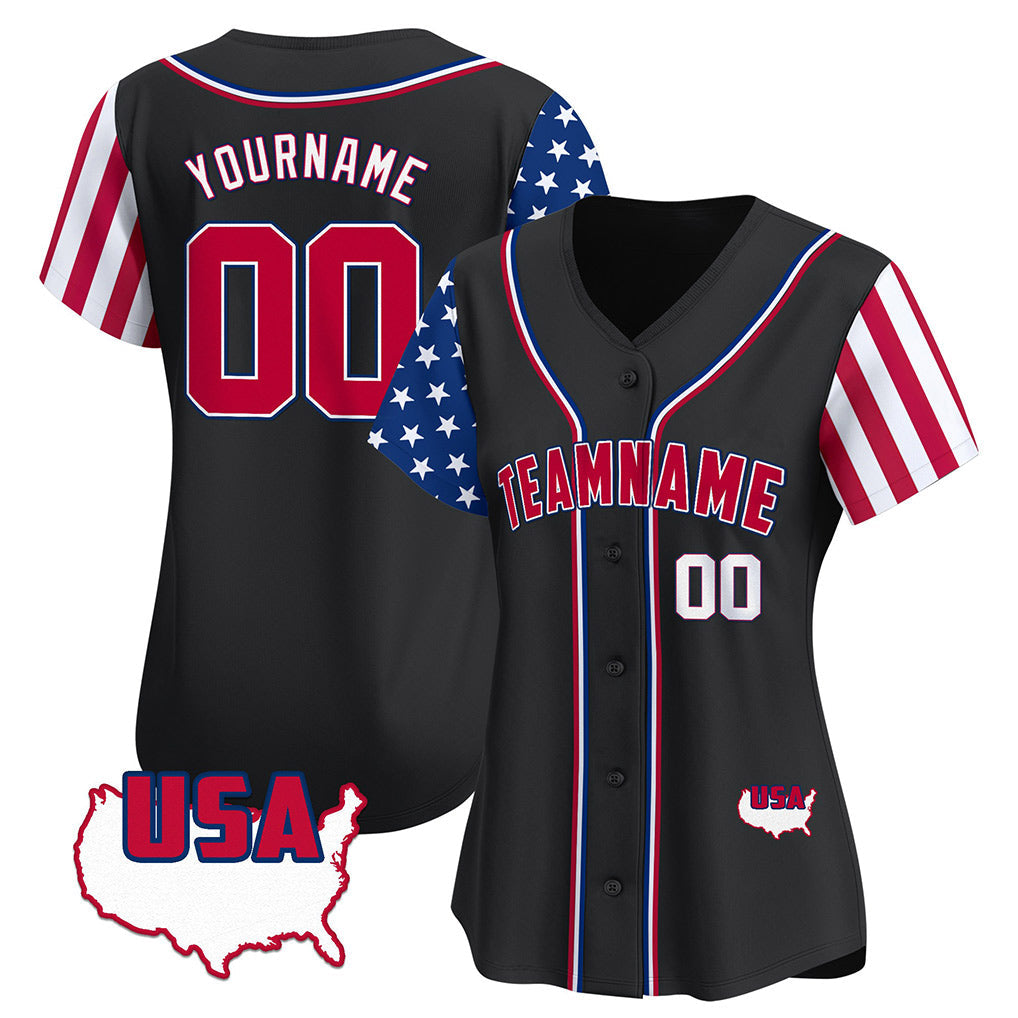 Angled view of women Custom Black Red-White American Map Baseball Jersey – Premium Stitch Style By Athletrio