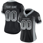Angled view of women Custom Black Silver-White Drift Football Jersey – Premium Stitch Style By Athletrio