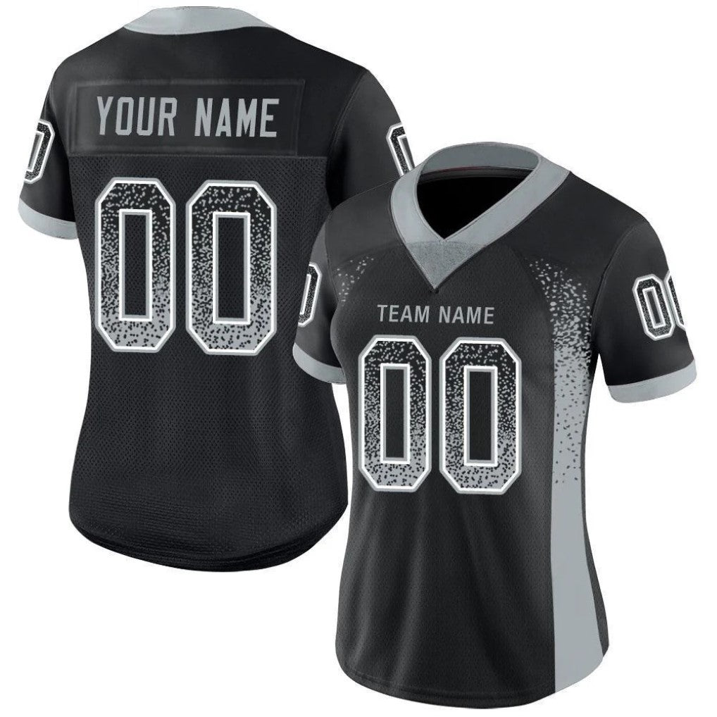 Angled view of women Custom Black Silver-White Drift Football Jersey – Premium Stitch Style By Athletrio