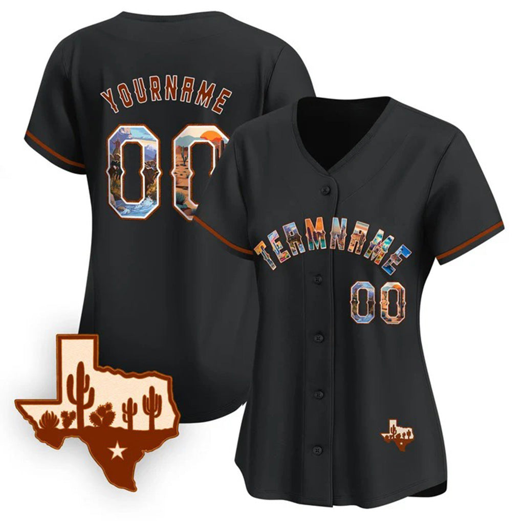 Angled view of women Custom Black Texas Art Baseball Jersey – Premium Stitch Style – JerseyEdge