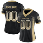 Angled view of women Custom Black Vegas Gold-White Drift Football Jersey – Premium Stitch Style By Athletrio