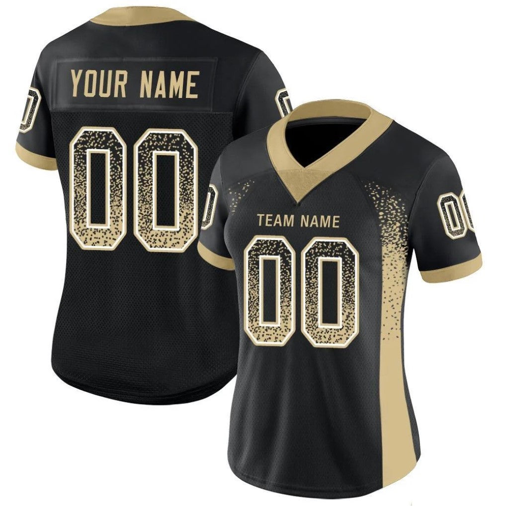 Angled view of women Custom Black Vegas Gold-White Drift Football Jersey – Premium Stitch Style By Athletrio