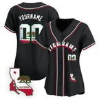 Angled view of women Custom California Rock Climbing Black Baseball Jersey – Premium Stitch Style By Athletrio