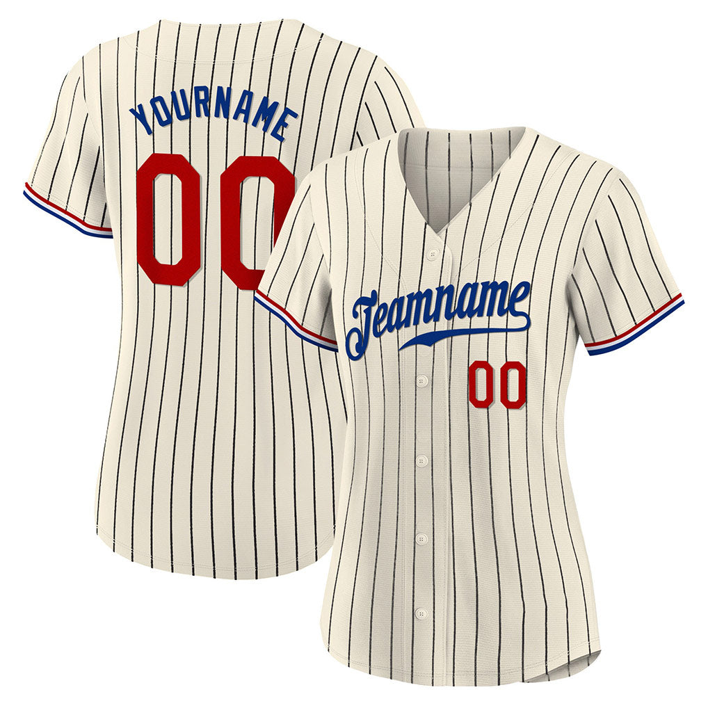Angled view of women Custom Cream Black Pinstripe Baseball Jersey – Premium Stitch Style By Athletrio