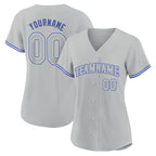 Angled view of women Custom Gray-Gray Royal Baseball Jersey – Premium Stitch Style By Athletrio
