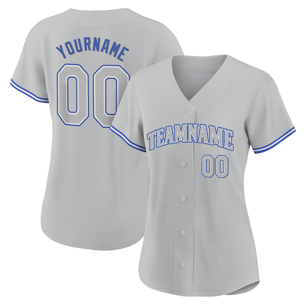 Angled view of women Custom Gray-Gray Royal Baseball Jersey – Premium Stitch Style By Athletrio