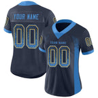 Angled view of women Custom Navy Powder Blue-Gold Drift Football Jersey – Premium Stitch Style By Athletrio