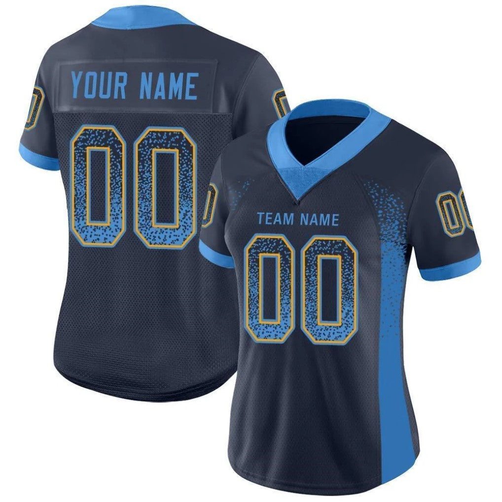 Angled view of women Custom Navy Powder Blue-Gold Drift Football Jersey – Premium Stitch Style By Athletrio