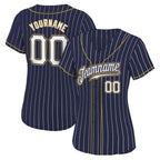 Angled view of women Custom Navy White Pinstripe Old Gold Baseball Jersey – Premium Stitch Style By Athletrio