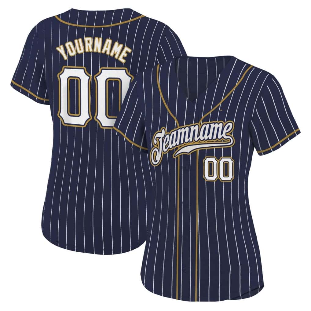 Angled view of women Custom Navy White Pinstripe Old Gold Baseball Jersey – Premium Stitch Style By Athletrio