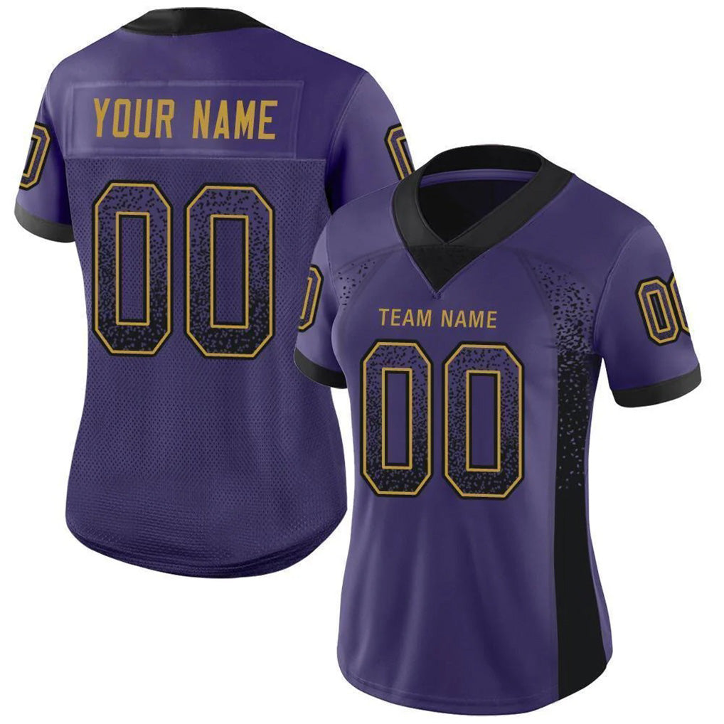 Angled view of women Custom Purple Black-Gold Drift Football Jersey – Premium Stitch Style By Athletrio
