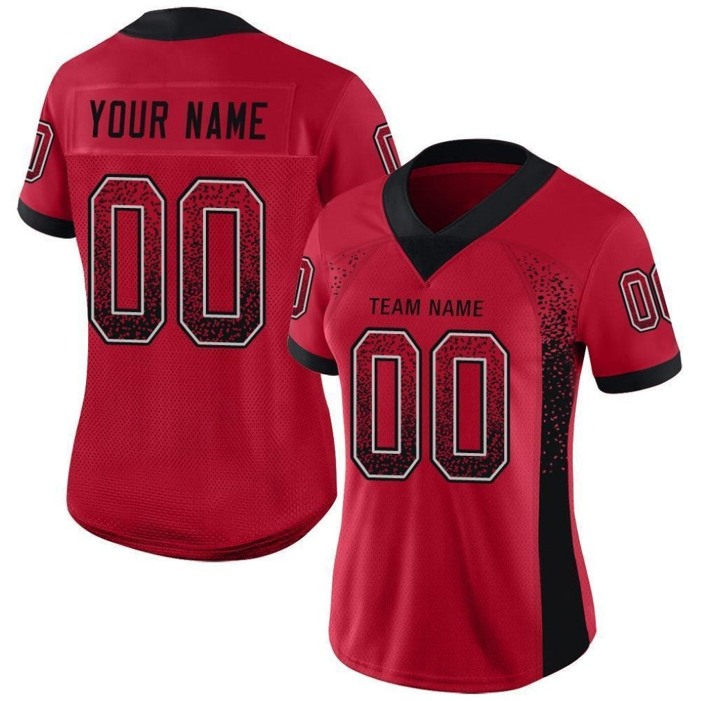Angled view of women Custom Red Black-Gray Drift Football Jersey – Premium Stitch Style By Athletrio