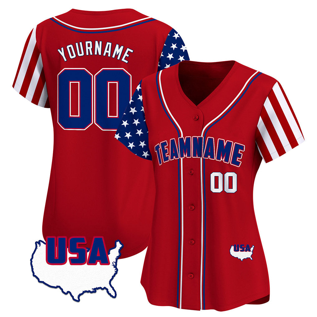 Angled view of women Custom Red Royal-White American Map Baseball Jersey – Premium Stitch Style By Athletrio
