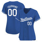Angled view of women Custom Royal-White Baseball Jersey – Premium Stitch Style By Athletrio