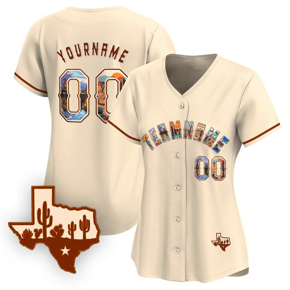 Angled view of women Custom Texas Desert Cream Baseball Jersey – Premium Stitch Style By Athletrio