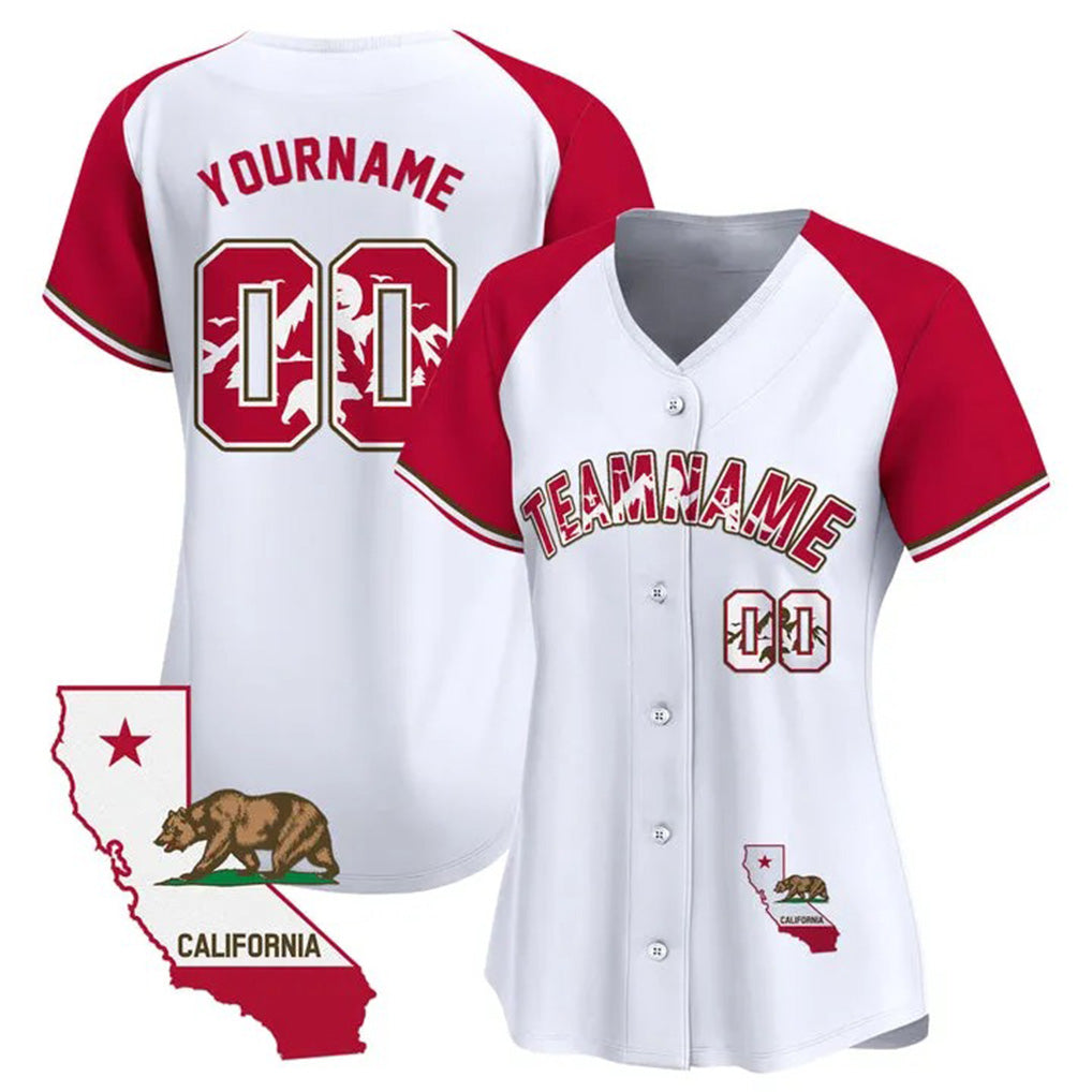 Angled view of women Custom White Alternate Red California Map Baseball Jersey – Premium Stitch Style By Athletrio