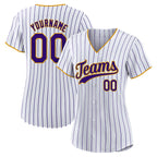 Angled view of women Custom White Purple Pinstripe Baseball Jersey – Premium Stitch Style By Athletrio
