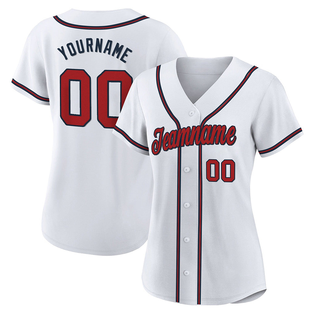 Angled view of women Custom White Red-Navy Baseball Jersey – Premium Stitch Style By Athletrio