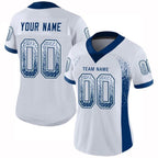Angled view of women Custom White Royal Drift Football Jersey – Premium Stitch Style By Athletrio