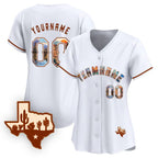 Angled view of women Custom White Texas Art Baseball Jersey – Premium Stitch Style By Athletrio